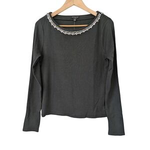 J. Crew Vintage Rib Boatneck T-Shirt with Embellishments Size L Black NWT‎ CF289